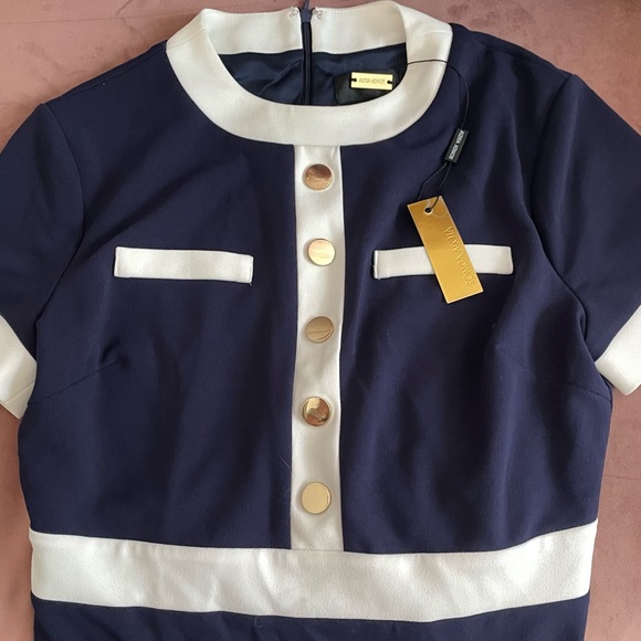 Alexa Admor Gold Button MIDI Navy Dress | Audrey Hepburn | Sz S | Figure Hugging - Picture 5 of 8